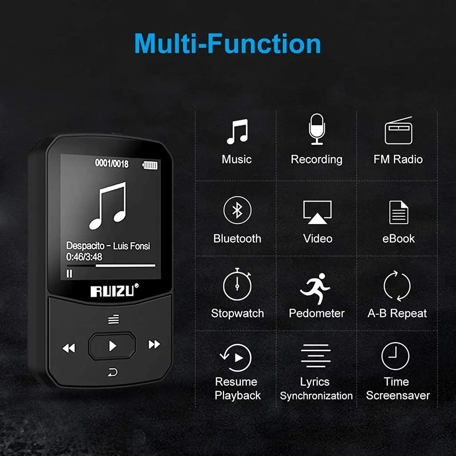 RUIZU X52 Clip MP3 Player with Bluetooth 5.0, Hi-Fi Sound, and 128GB Support