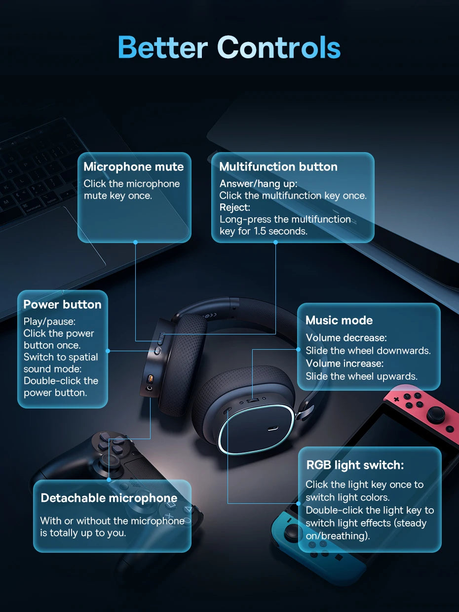 Baseus Gaming Headphones - Dual-Mode Wireless 40mm Driver, 40H Playback with ChatMix
