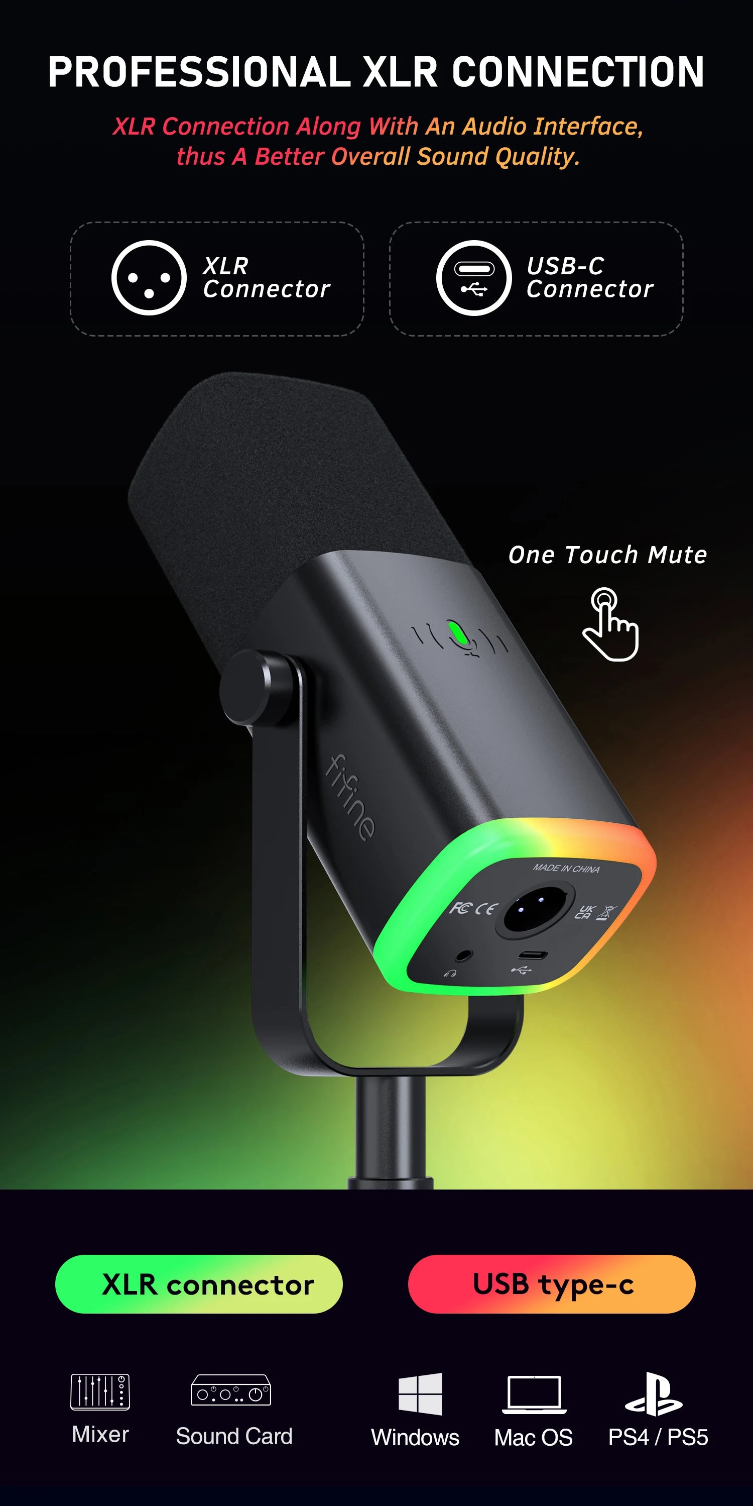 FIFINE USB/XLR Dynamic Microphone - Touch Mute, Headphone Jack, I/O Controls