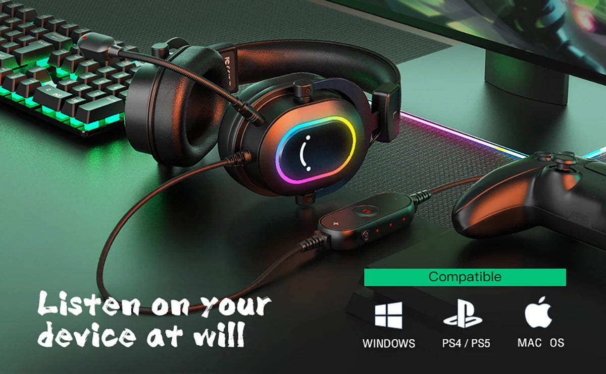 Vortex RGB Gaming Headset with Mic - Over-Ear 7.1 Surround Sound Headphones for PC, PS4, PS5 & Xbox