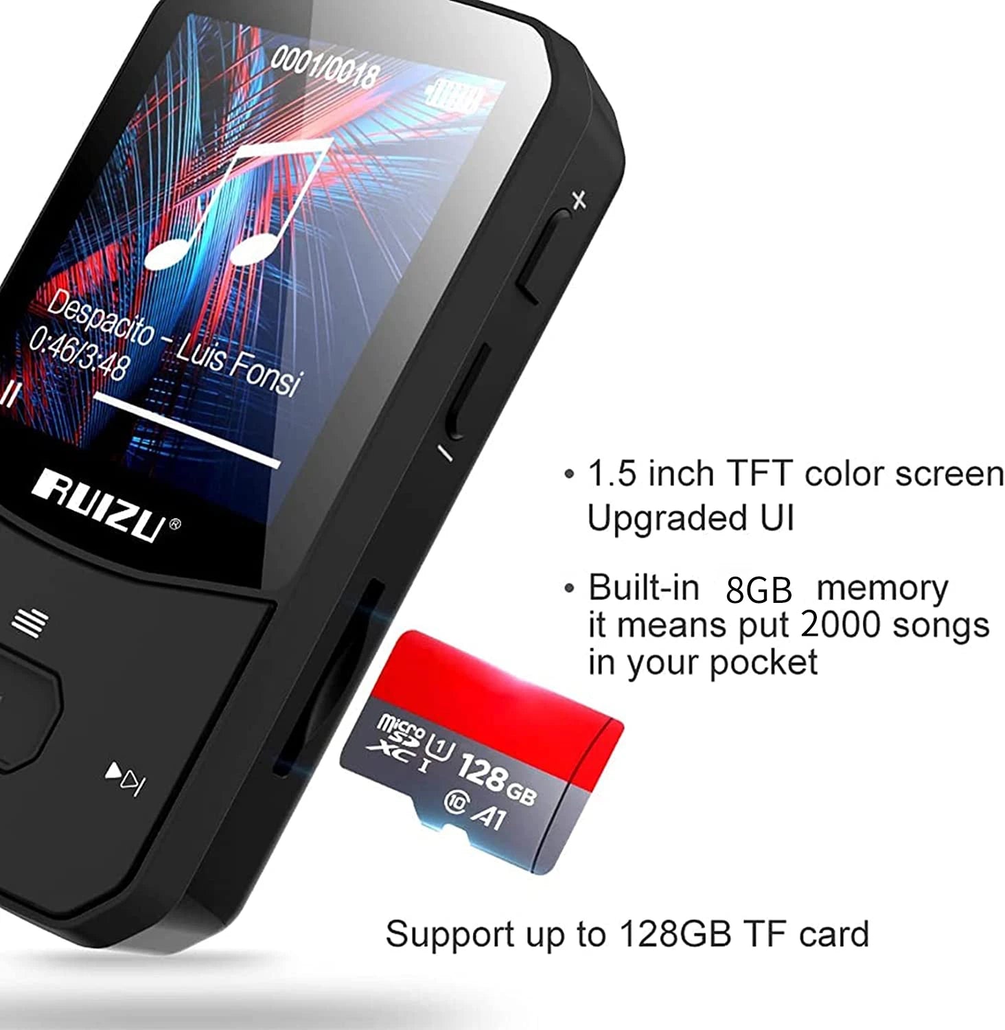RUIZU X52 Clip MP3 Player with Bluetooth 5.0, Hi-Fi Sound, and 128GB Support